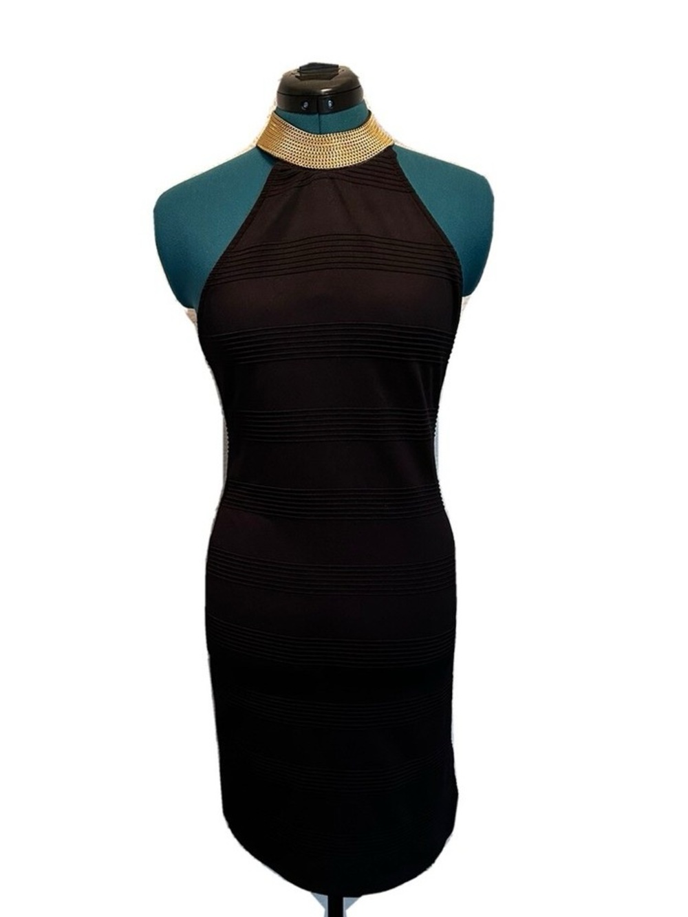 Fashion Nova Black Halter Bodycon Dress with Gold Necklace Detail
